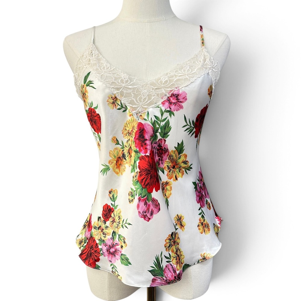 Vintage 90s Victoria's Secret Gold Label Floral Cami Top M White Satin Prairie